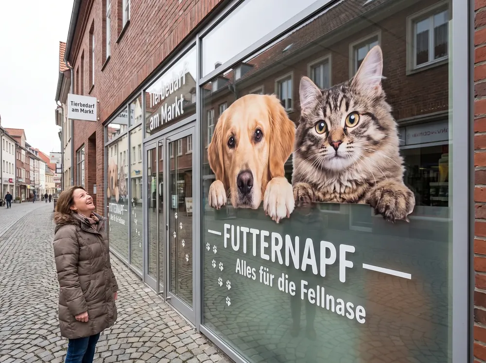 Schaufenster-Kampagne eines Tierbedarfsladens mit großem Hund-und-Katze-Digitaldruck