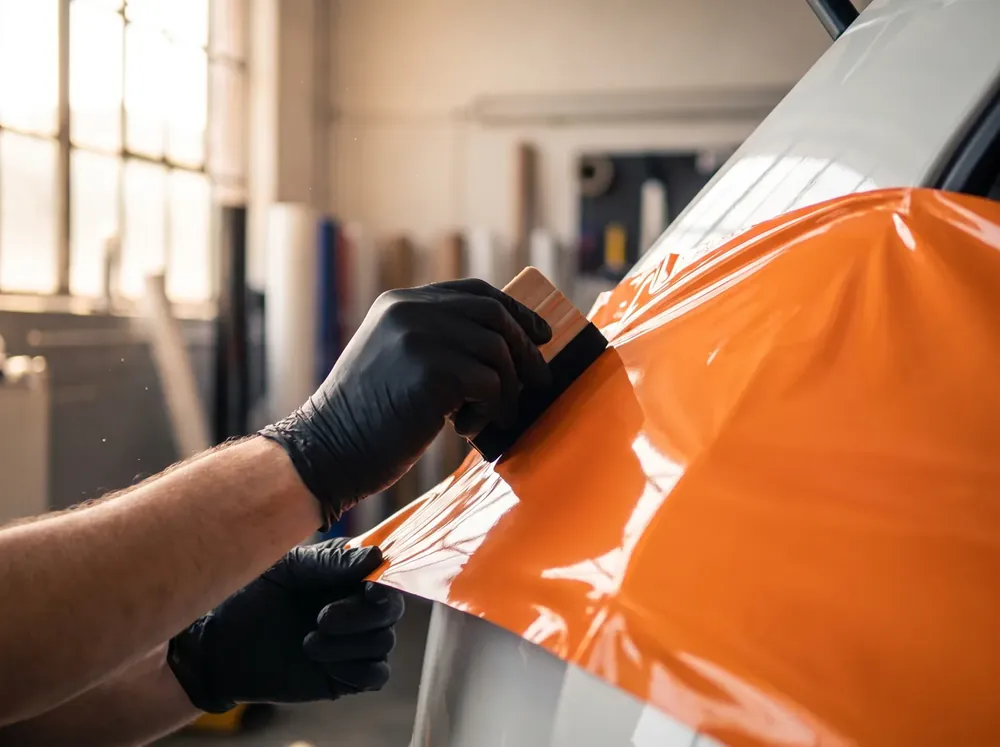 Orange Fahrzeugfolie wird mit dem Rakel millimetergenau angedrückt
